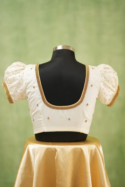 White Aari Handwork Blouse with puff sleeves