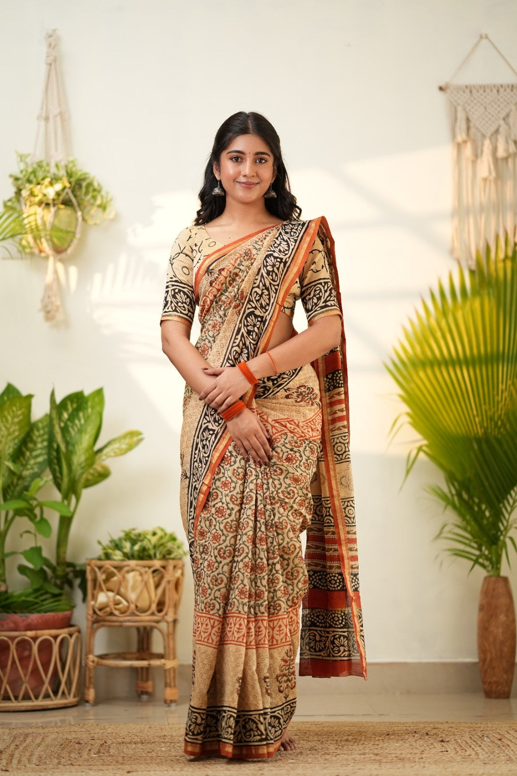 Beige Pure Chanderi Silk Cotton Saree with Bold Floral and Geometric Borders