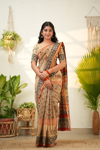 Beige Pure Chanderi Silk Cotton Saree with Bold Floral and Geometric Borders