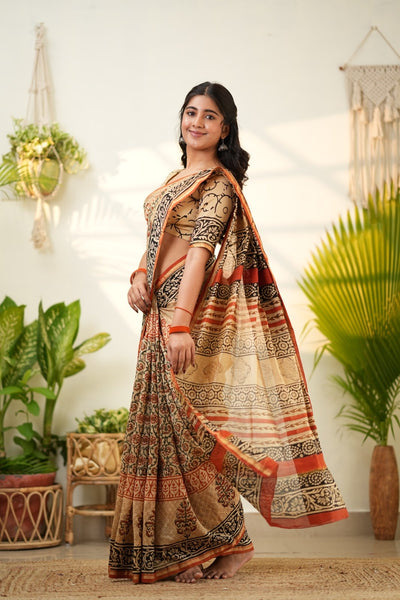 Beige Pure Chanderi Silk Cotton Saree with Bold Floral and Geometric Borders
