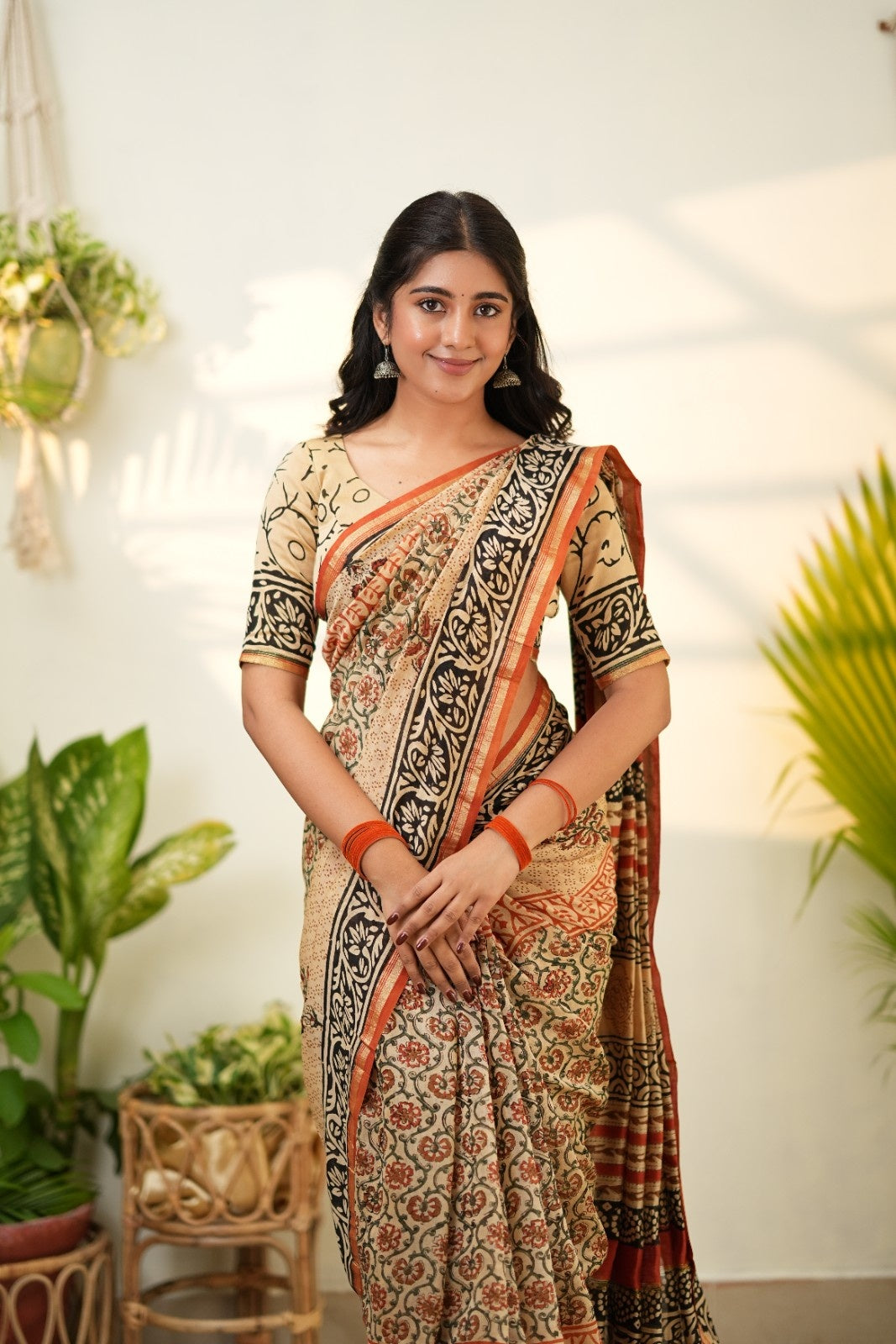 Beige Pure Chanderi Silk Cotton Saree with Bold Floral and Geometric Borders