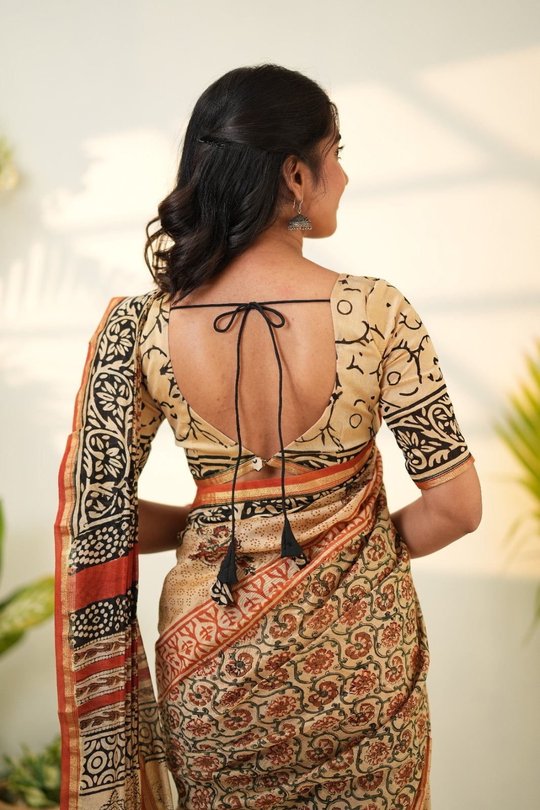 Beige Pure Chanderi Silk Cotton Saree with Bold Floral and Geometric Borders