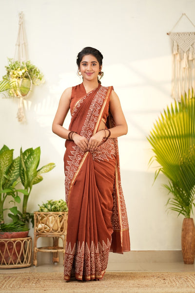 Brown Pure Chanderi Silk Cotton Saree with Geometric and Floral Border