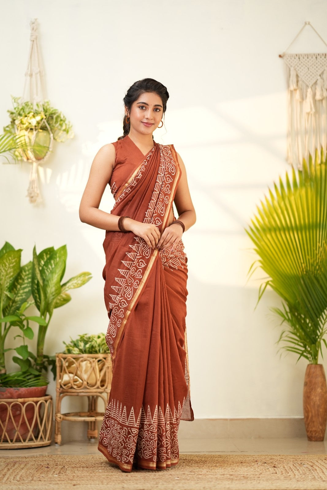 Brown Pure Chanderi Silk Cotton Saree with Geometric and Floral Border