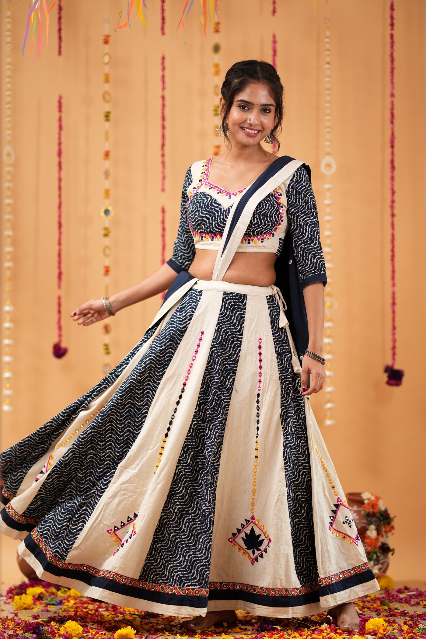 Navy & White Panel Navratri Lehenga