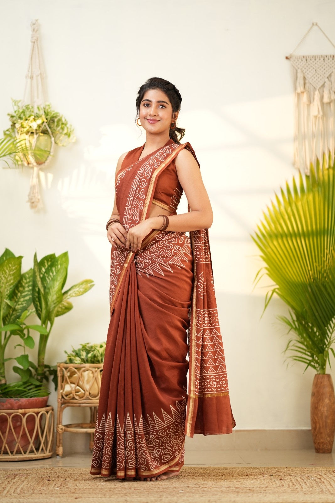 Brown Pure Chanderi Silk Cotton Saree with Geometric and Floral Border