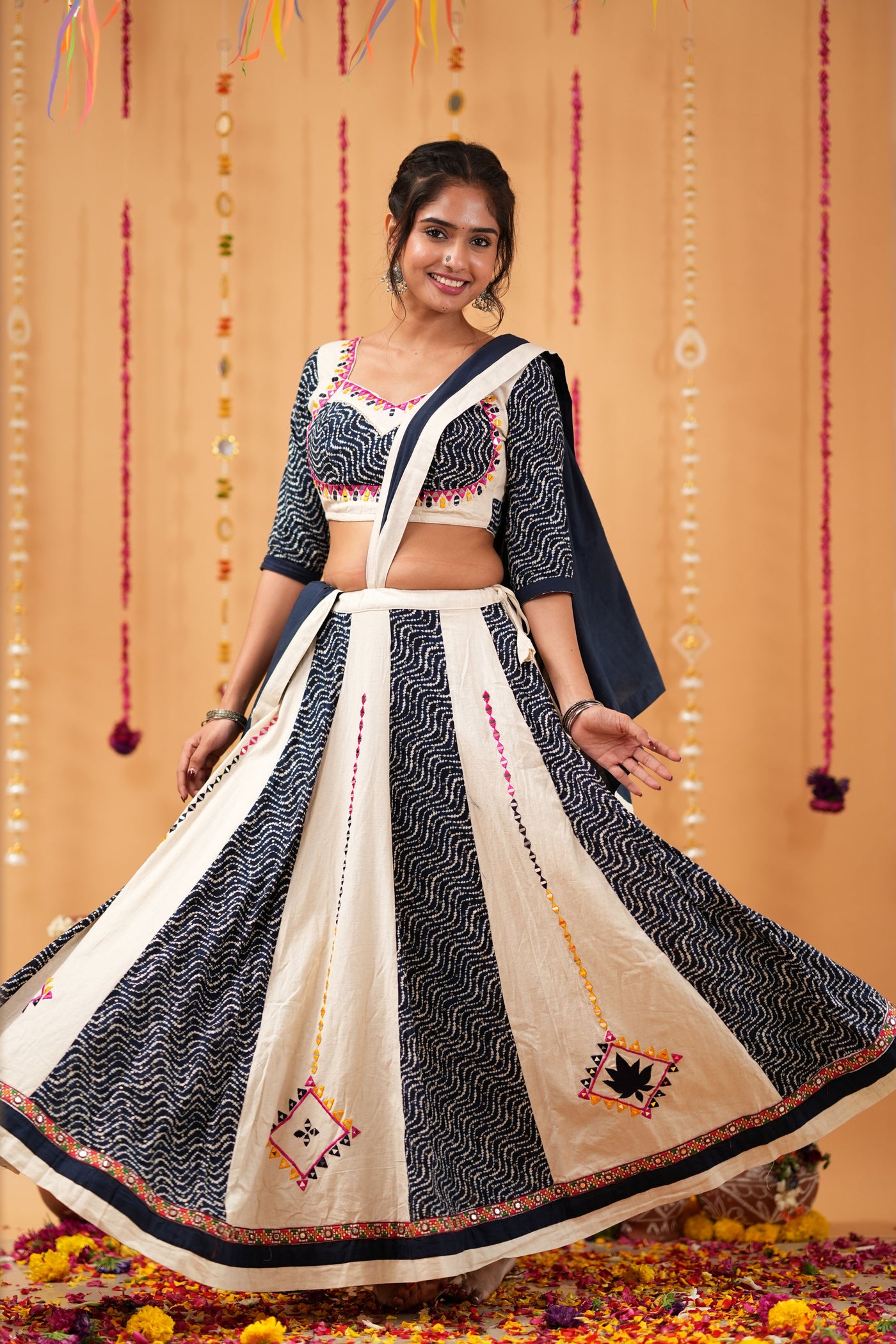Navy & White Panel Navratri Lehenga