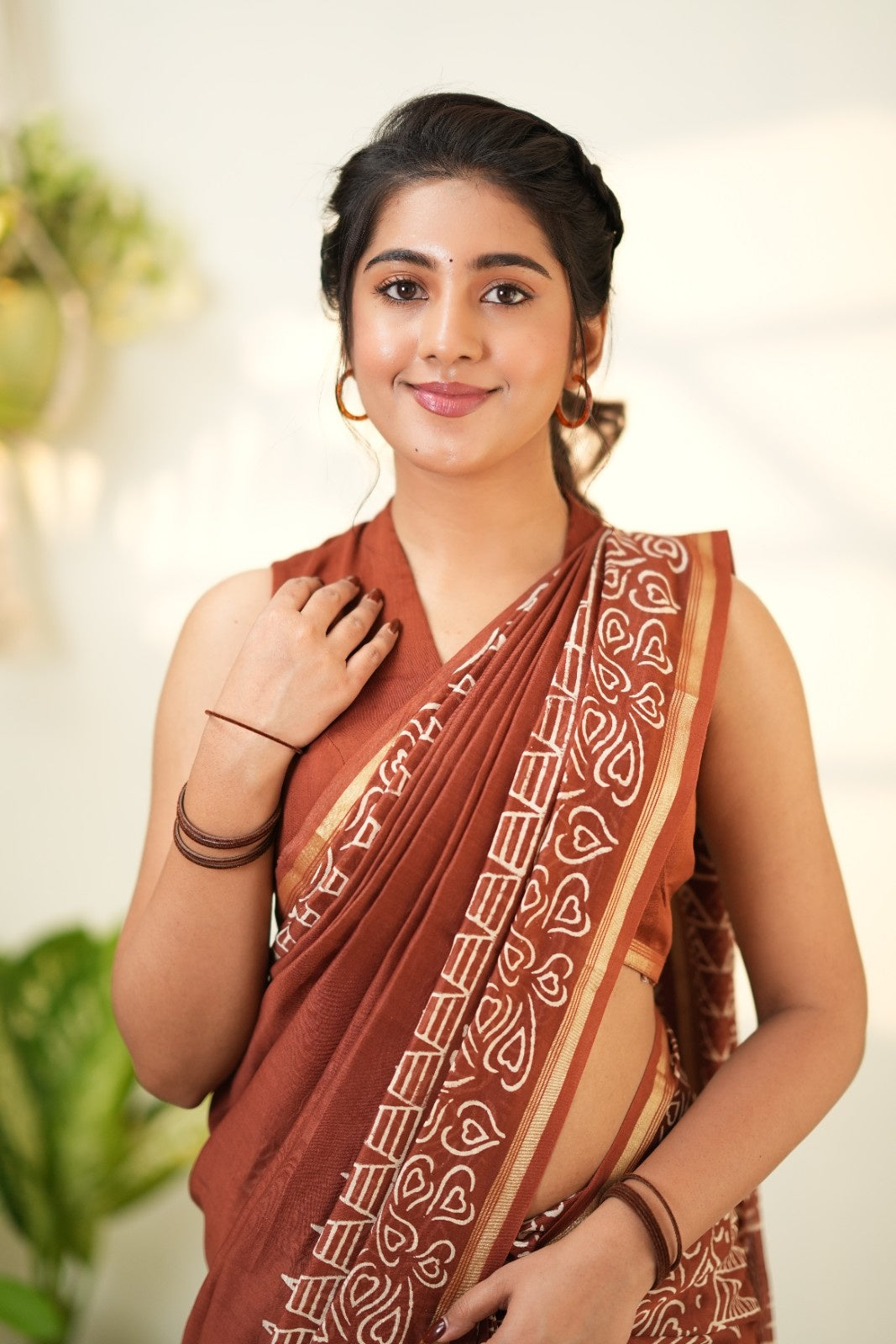 Brown Pure Chanderi Silk Cotton Saree with Geometric and Floral Border