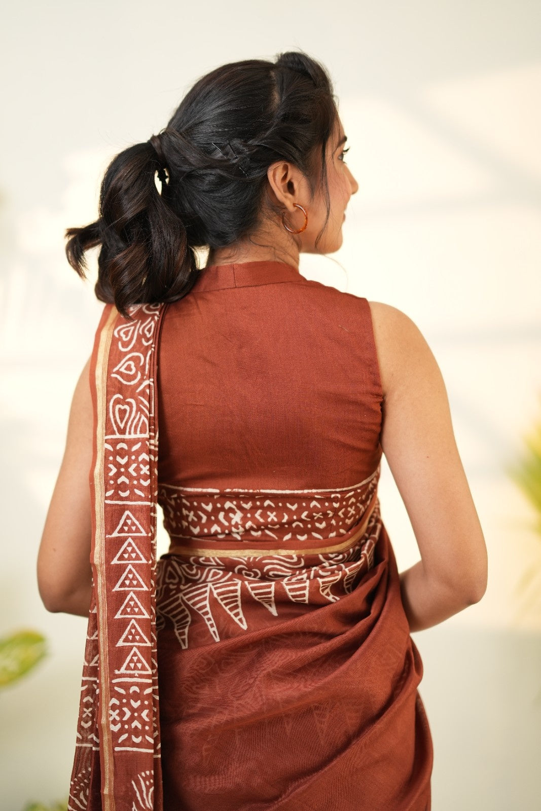 Brown Pure Chanderi Silk Cotton Saree with Geometric and Floral Border