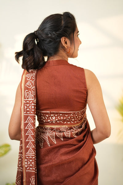 Brown Pure Chanderi Silk Cotton Saree with Geometric and Floral Border