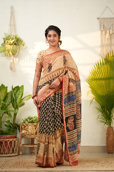 Beige and Black Pure Chanderi Silk Cotton Saree with Traditional Prints