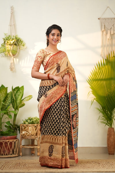 Beige and Black Pure Chanderi Silk Cotton Saree with Traditional Prints