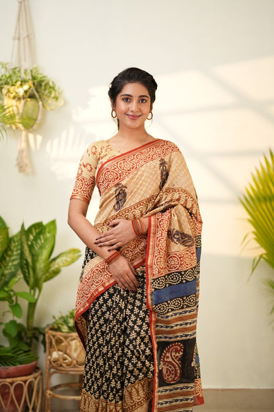 Beige and Black Pure Chanderi Silk Cotton Saree with Traditional Prints