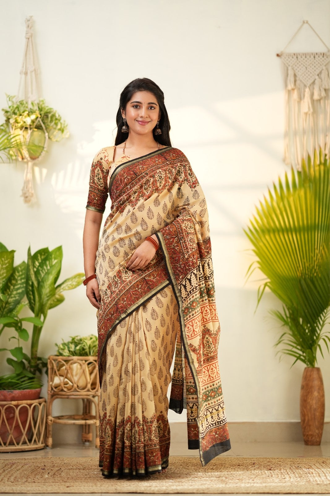 Beige Pure Chanderi Silk Cotton Saree with Traditional Floral and Geometric Prints