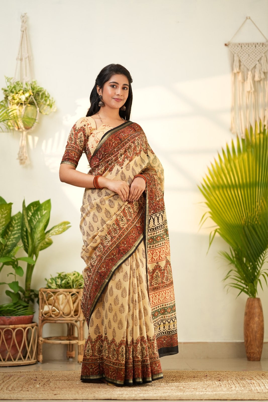 Beige Pure Chanderi Silk Cotton Saree with Traditional Floral and Geometric Prints