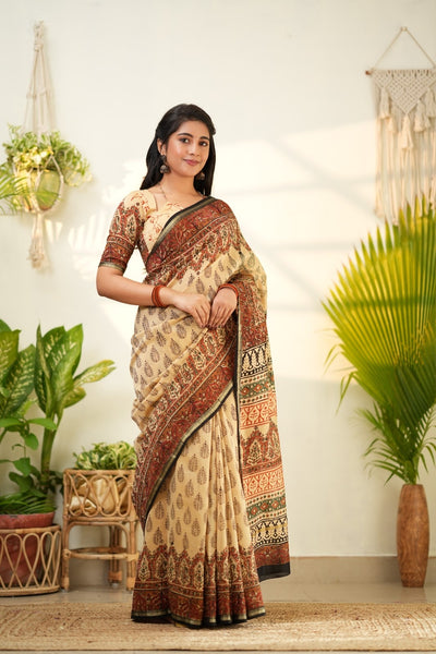 Beige Pure Chanderi Silk Cotton Saree with Traditional Floral and Geometric Prints