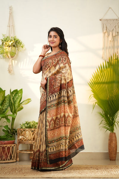Beige Pure Chanderi Silk Cotton Saree with Traditional Floral and Geometric Prints