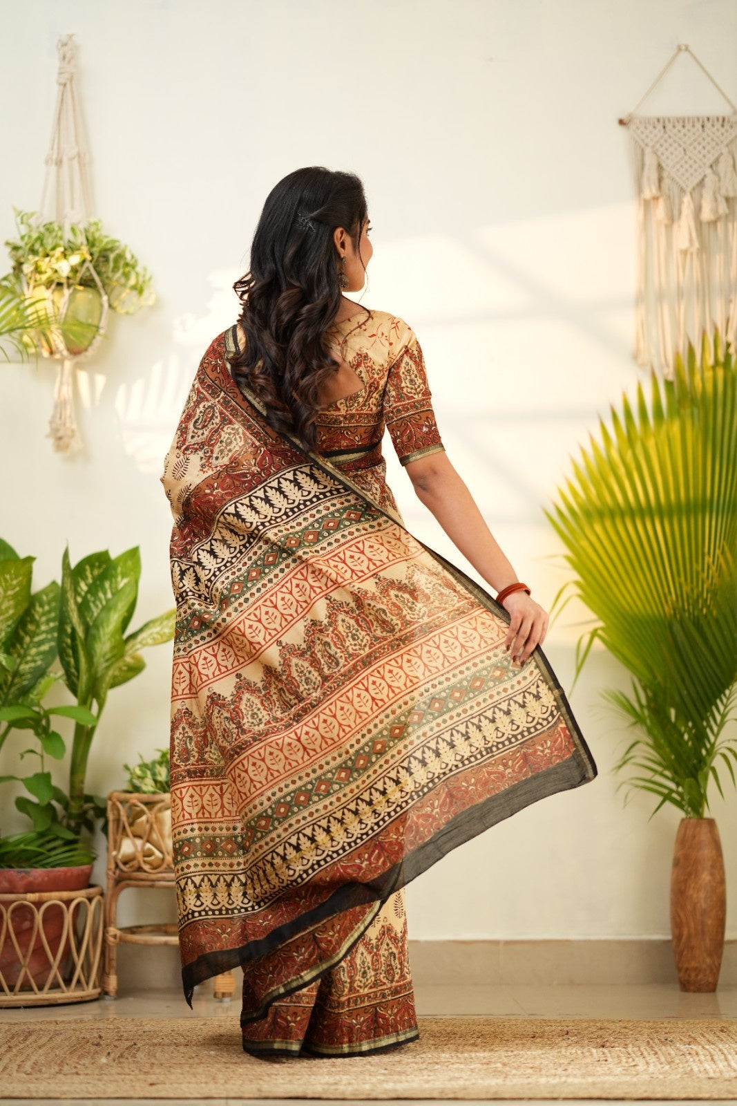 Beige Pure Chanderi Silk Cotton Saree with Traditional Floral and Geometric Prints