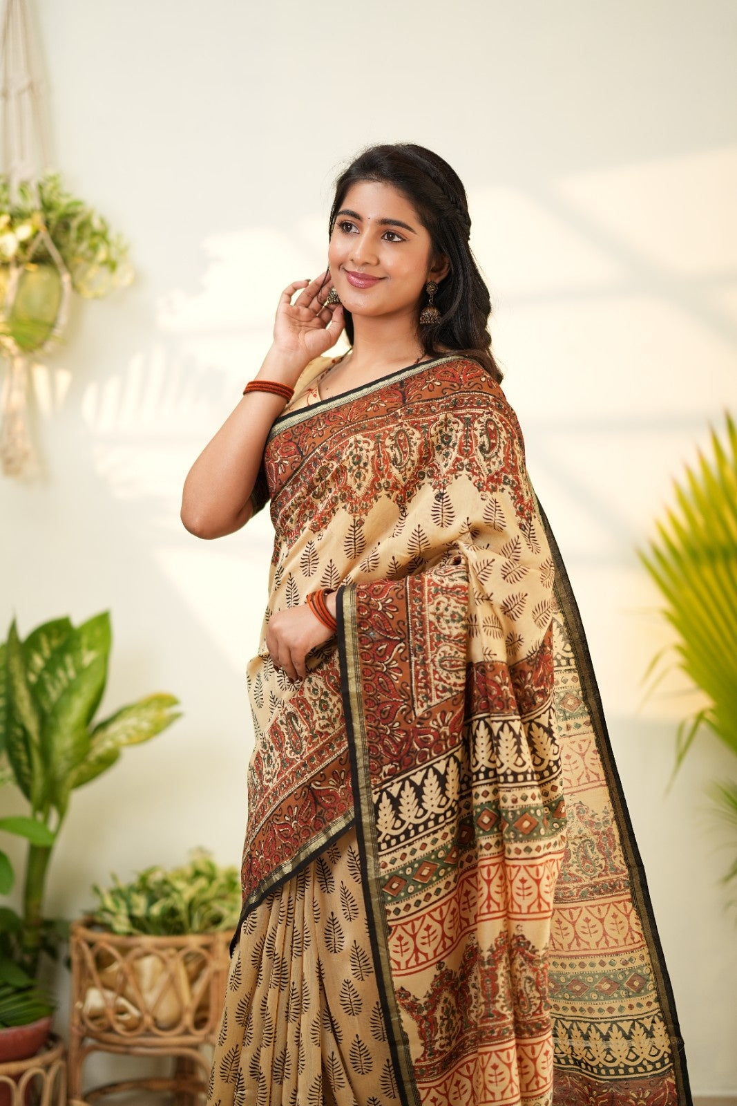 Beige Pure Chanderi Silk Cotton Saree with Traditional Floral and Geometric Prints