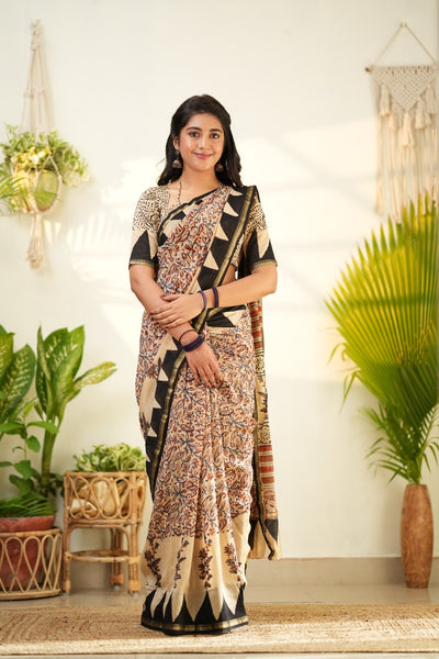 Beige and Black Pure Chanderi Silk Cotton Saree with Traditional Floral Border