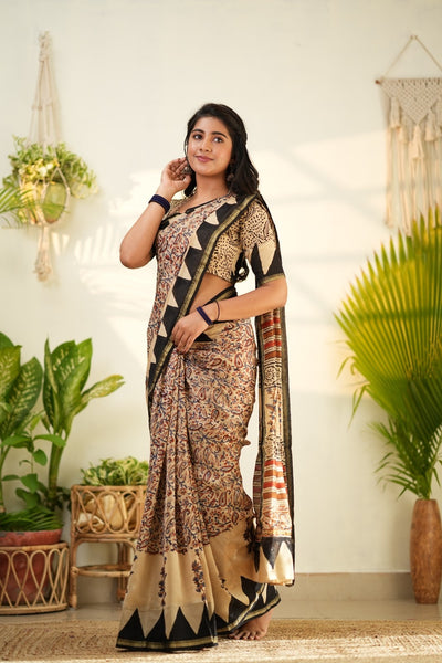 Beige and Black Pure Chanderi Silk Cotton Saree with Traditional Floral Border
