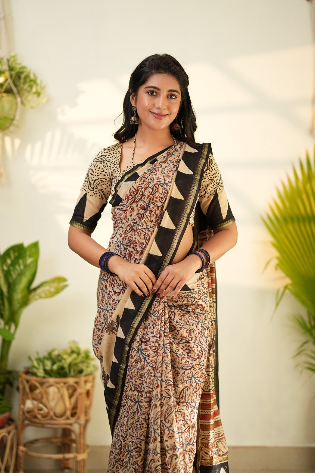 Beige and Black Pure Chanderi Silk Cotton Saree with Traditional Floral Border