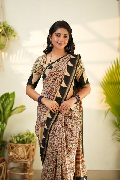 Beige and Black Pure Chanderi Silk Cotton Saree with Traditional Floral Border
