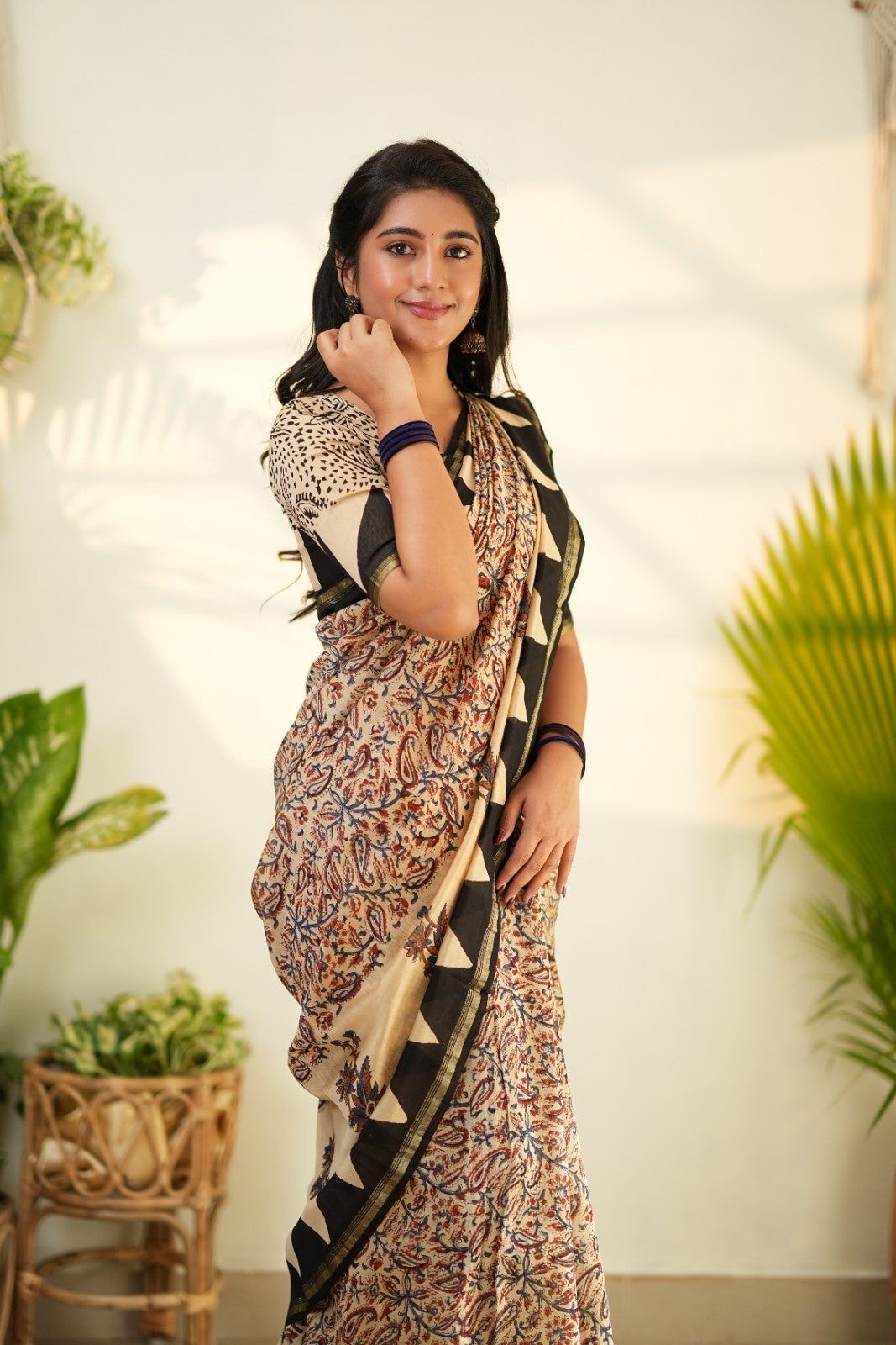 Beige and Black Pure Chanderi Silk Cotton Saree with Traditional Floral Border