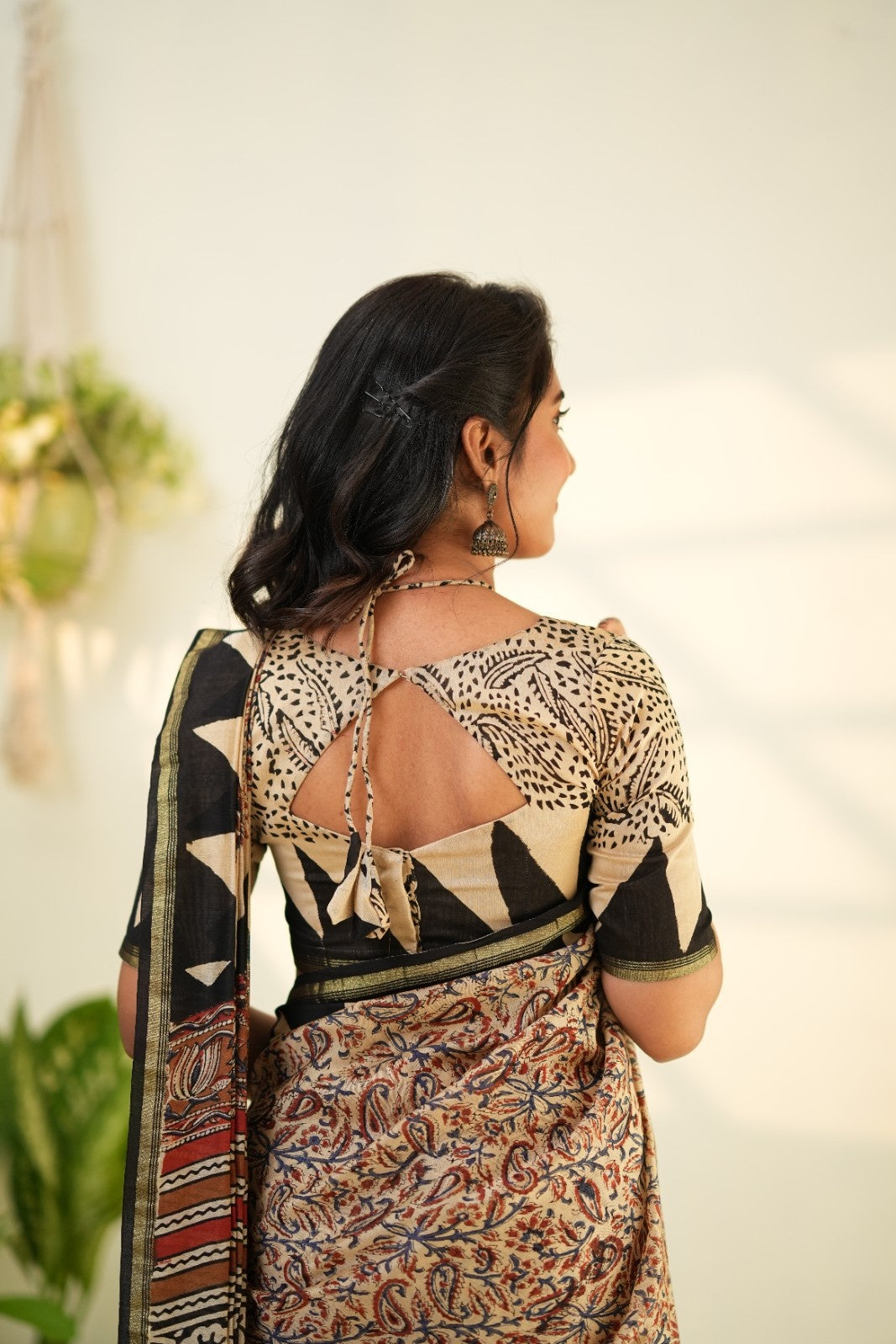 Beige and Black Pure Chanderi Silk Cotton Saree with Traditional Floral Border