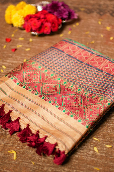 Assam Handloom Pure Tussar Silk Saree – Temple Border Weave in Festive Ivory and Multicolor Pallu