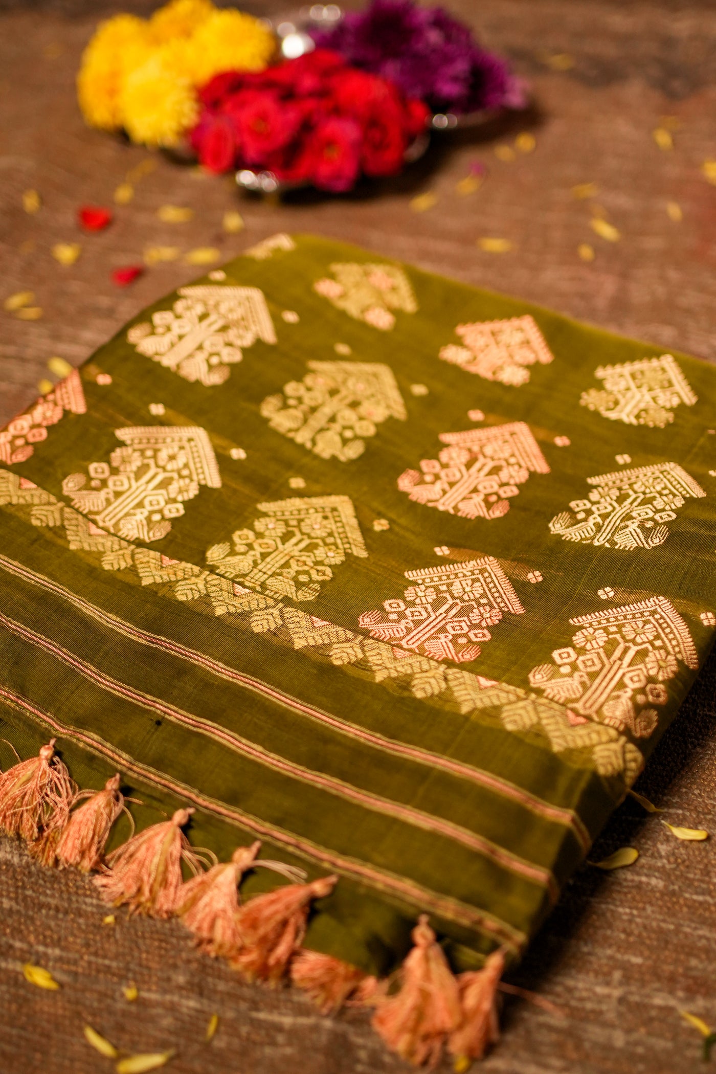 Olive Green Handwoven Paat Silk Saree| Pure Assam Mulberry Silk