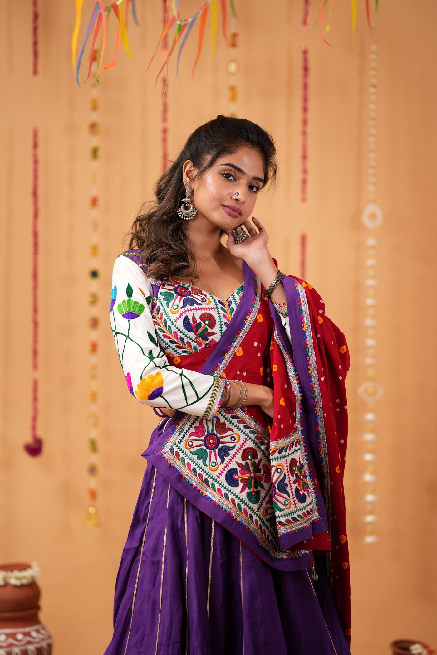 Purple Lehenga with Red Bandhej Dupatta & Embroidered Blouse