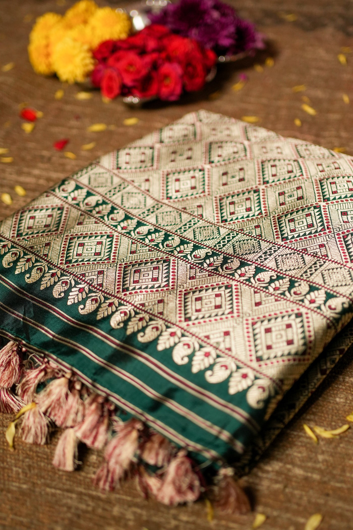 Emerald Green Assam Silk Saree – Handwoven Pure Mulberry Silk