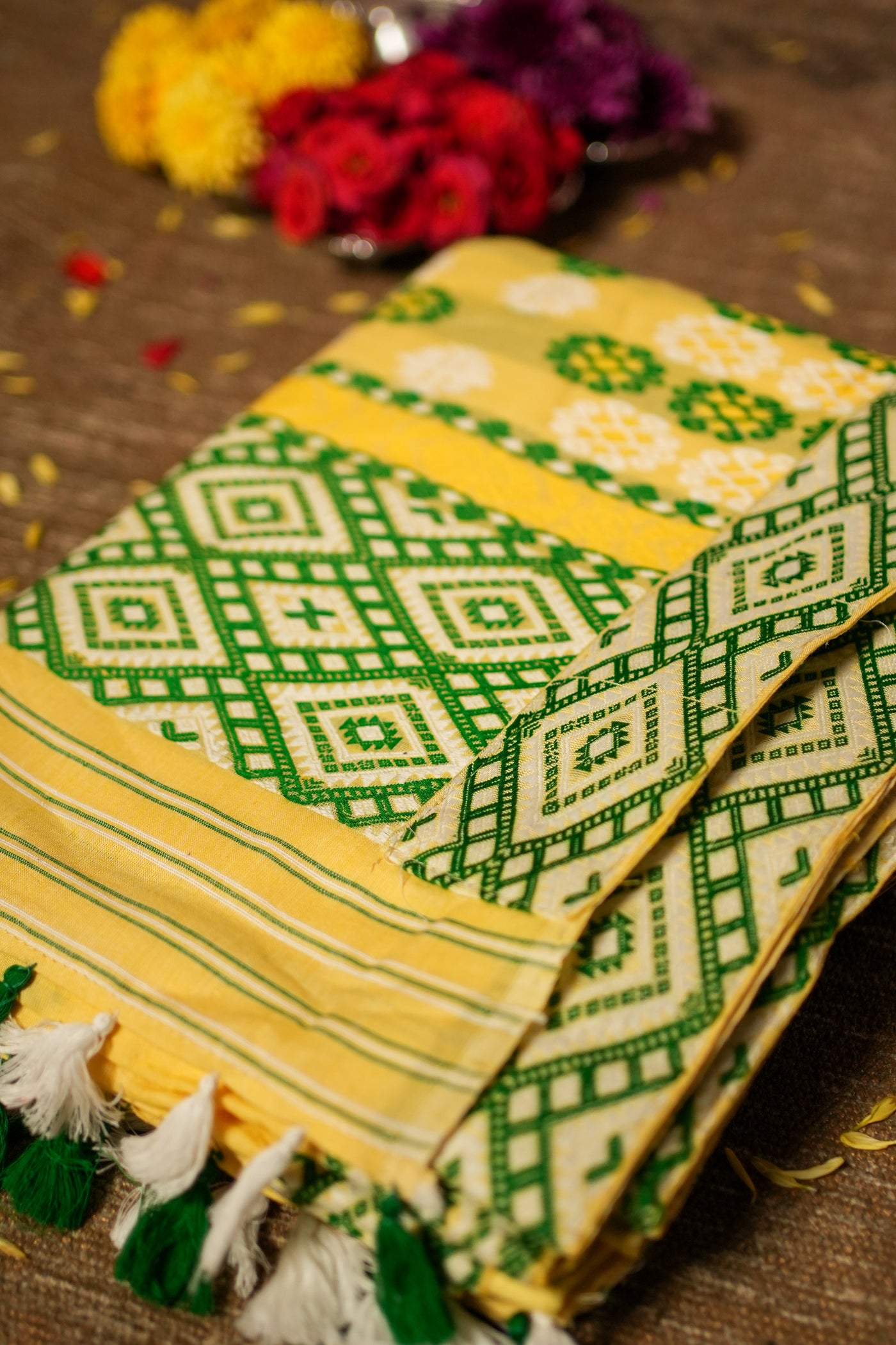 Bright Yellow Assam Cotton Handloom Saree – Mishing Tribe Weave with Traditional Seven Sisters (Saat Bhoni) Design