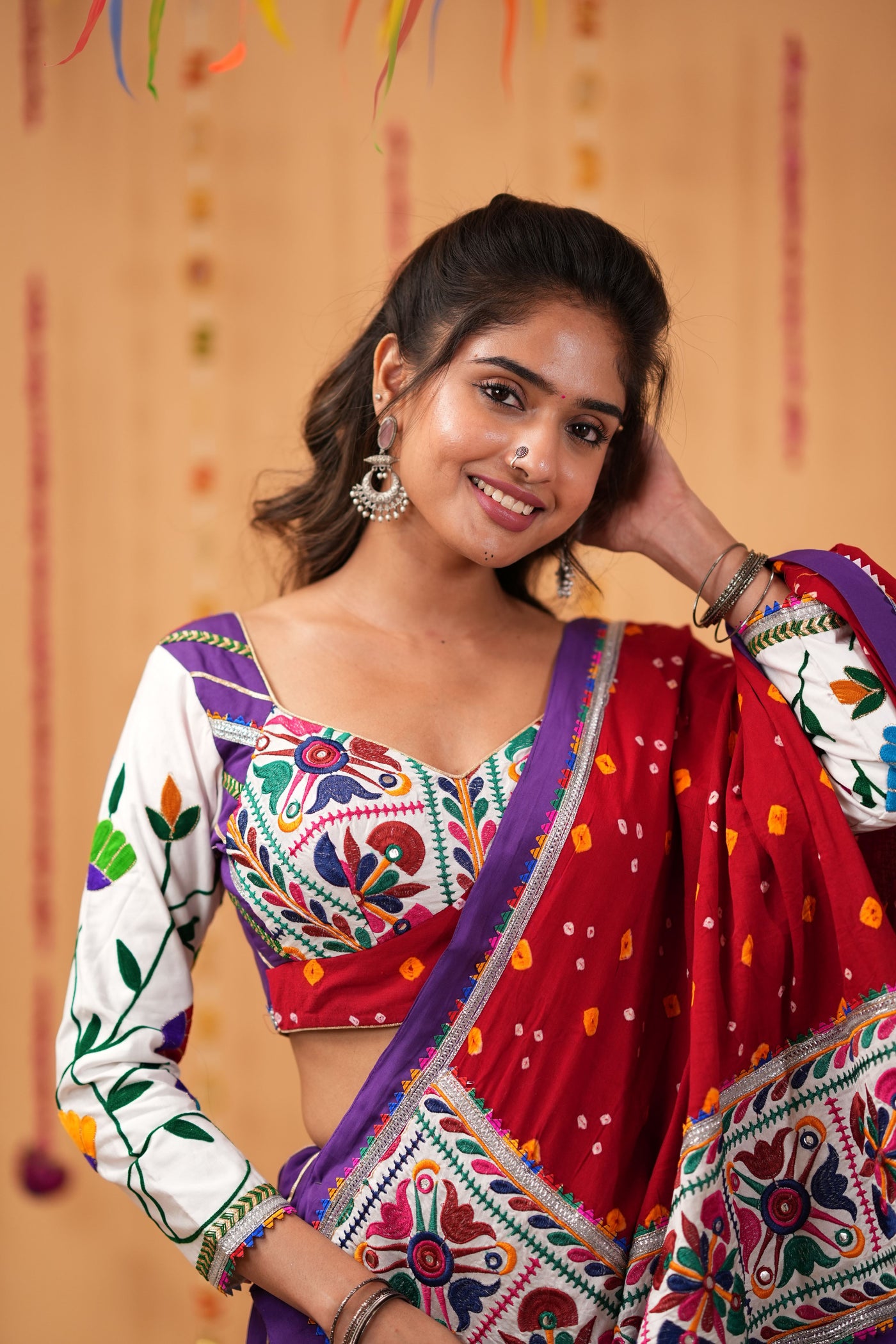 Purple Lehenga with Red Bandhej Dupatta & Embroidered Blouse