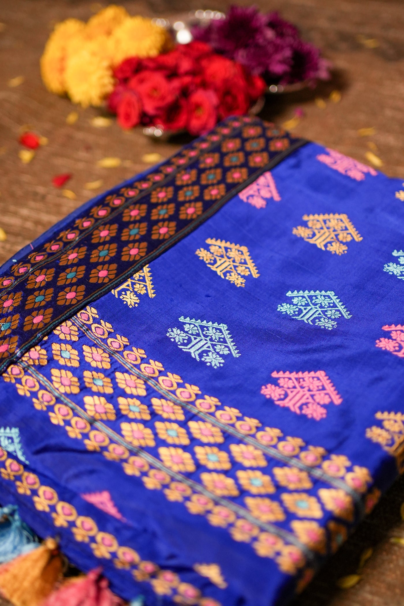 Royal Blue Assam Mulberry Silk Saree – Handwoven with Multicolor Gos Buta Motifs & Minakari Border