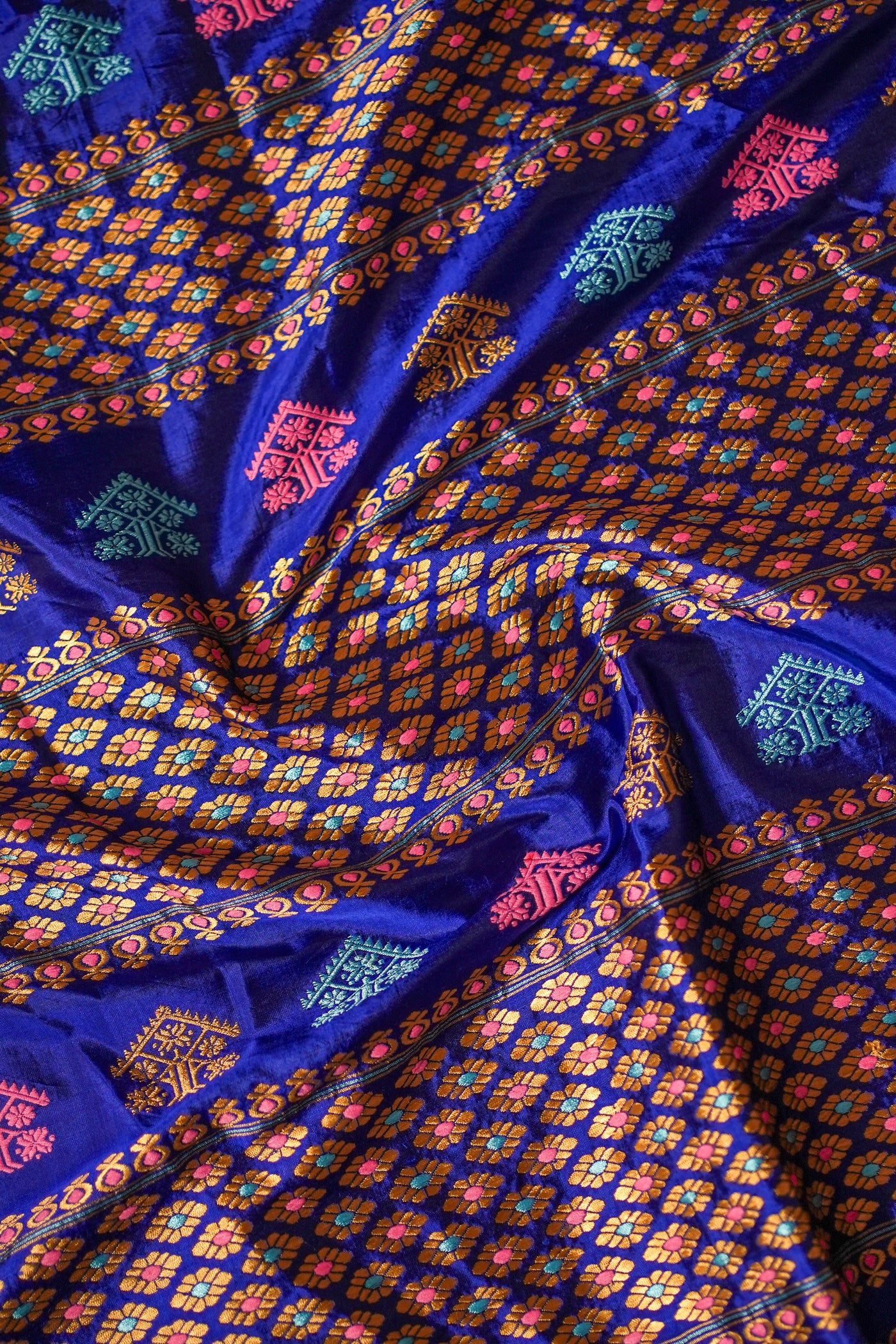 Royal Blue Assam Mulberry Silk Saree – Handwoven with Multicolor Gos Buta Motifs & Minakari Border