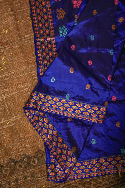 Royal Blue Assam Mulberry Silk Saree – Handwoven with Multicolor Gos Buta Motifs & Minakari Border
