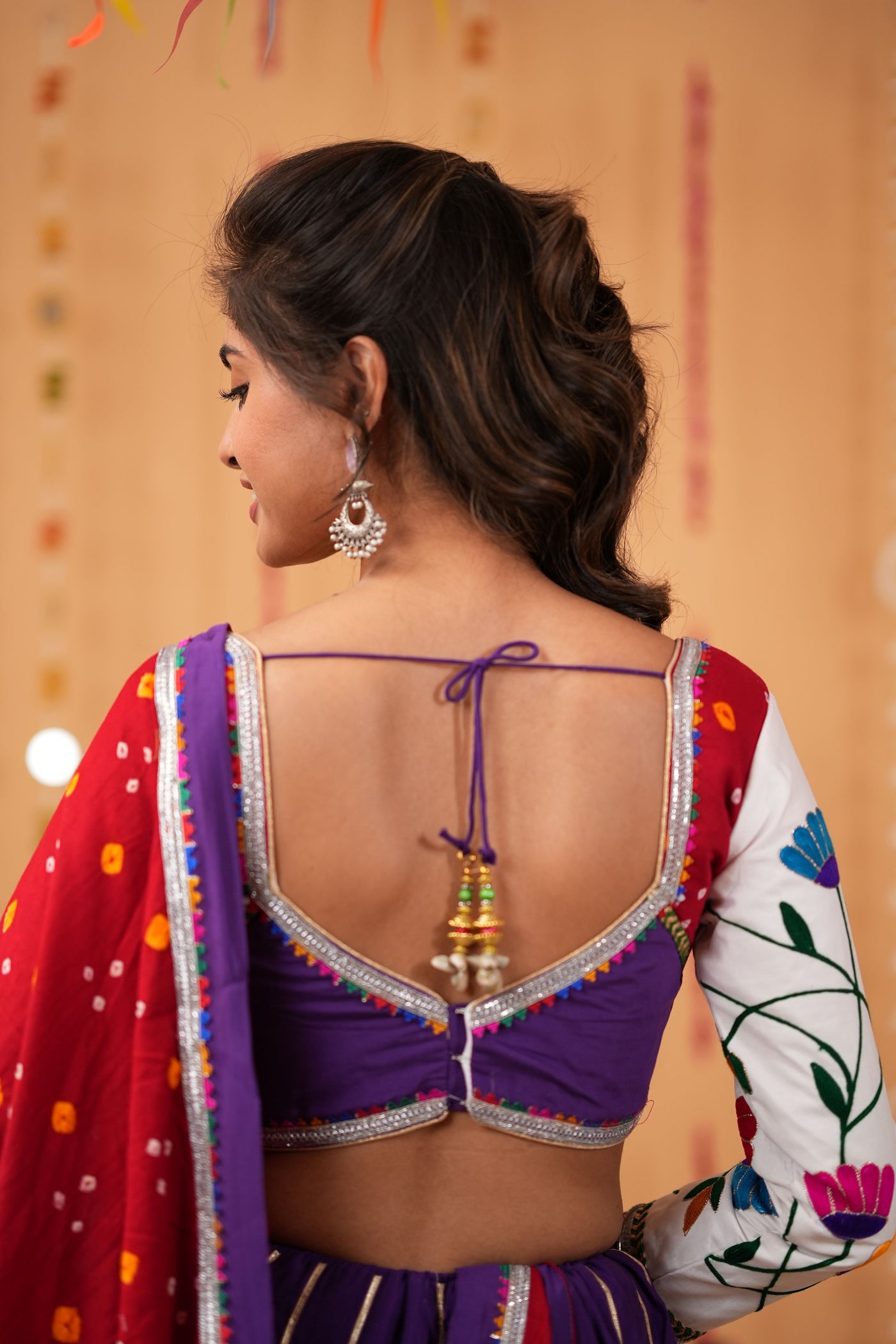 Purple Lehenga with Red Bandhej Dupatta & Embroidered Blouse