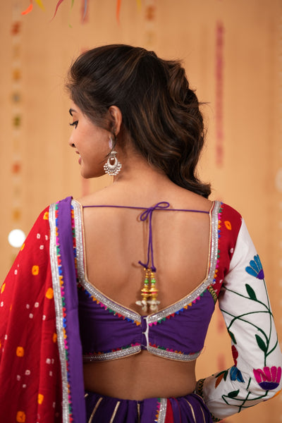 Purple Lehenga with Red Bandhej Dupatta & Embroidered Blouse