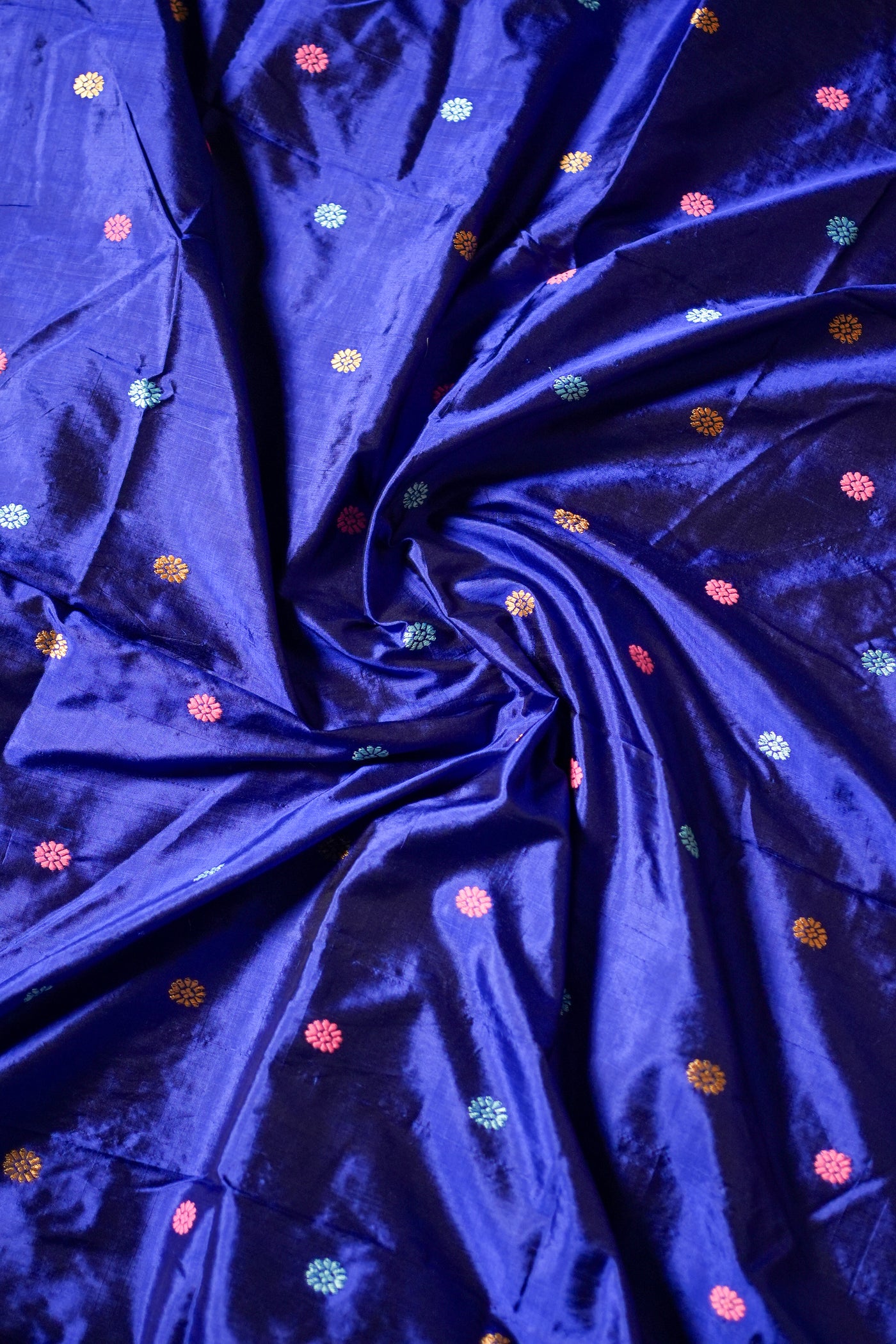 Royal Blue Assam Mulberry Silk Saree – Handwoven with Multicolor Gos Buta Motifs & Minakari Border