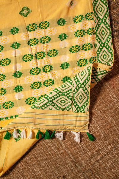 Bright Yellow Assam Cotton Handloom Saree – Mishing Tribe Weave with Traditional Seven Sisters (Saat Bhoni) Design