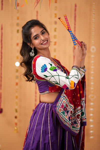 Purple Lehenga with Red Bandhej Dupatta & Embroidered Blouse