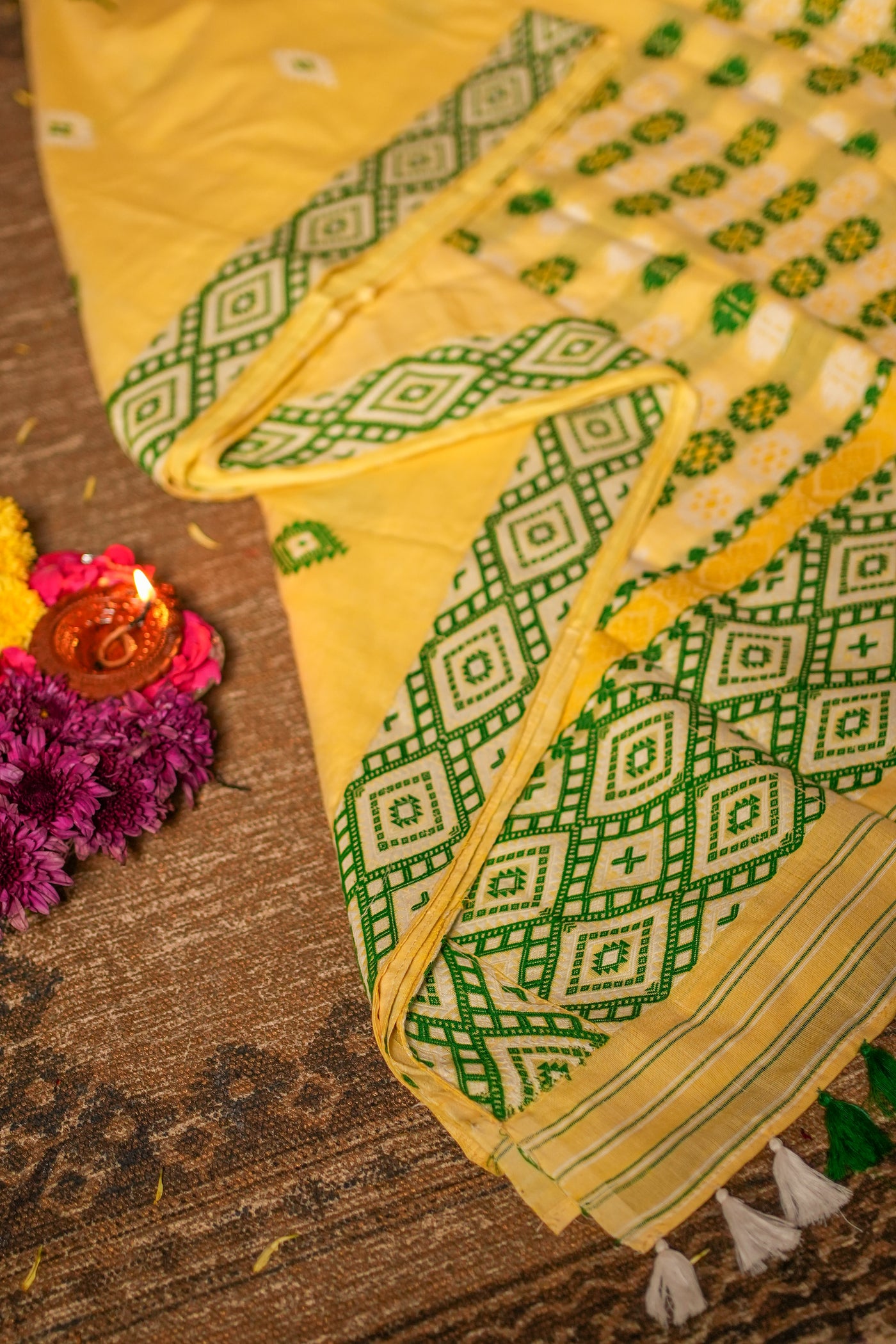 Bright Yellow Assam Cotton Handloom Saree – Mishing Tribe Weave with Traditional Seven Sisters (Saat Bhoni) Design