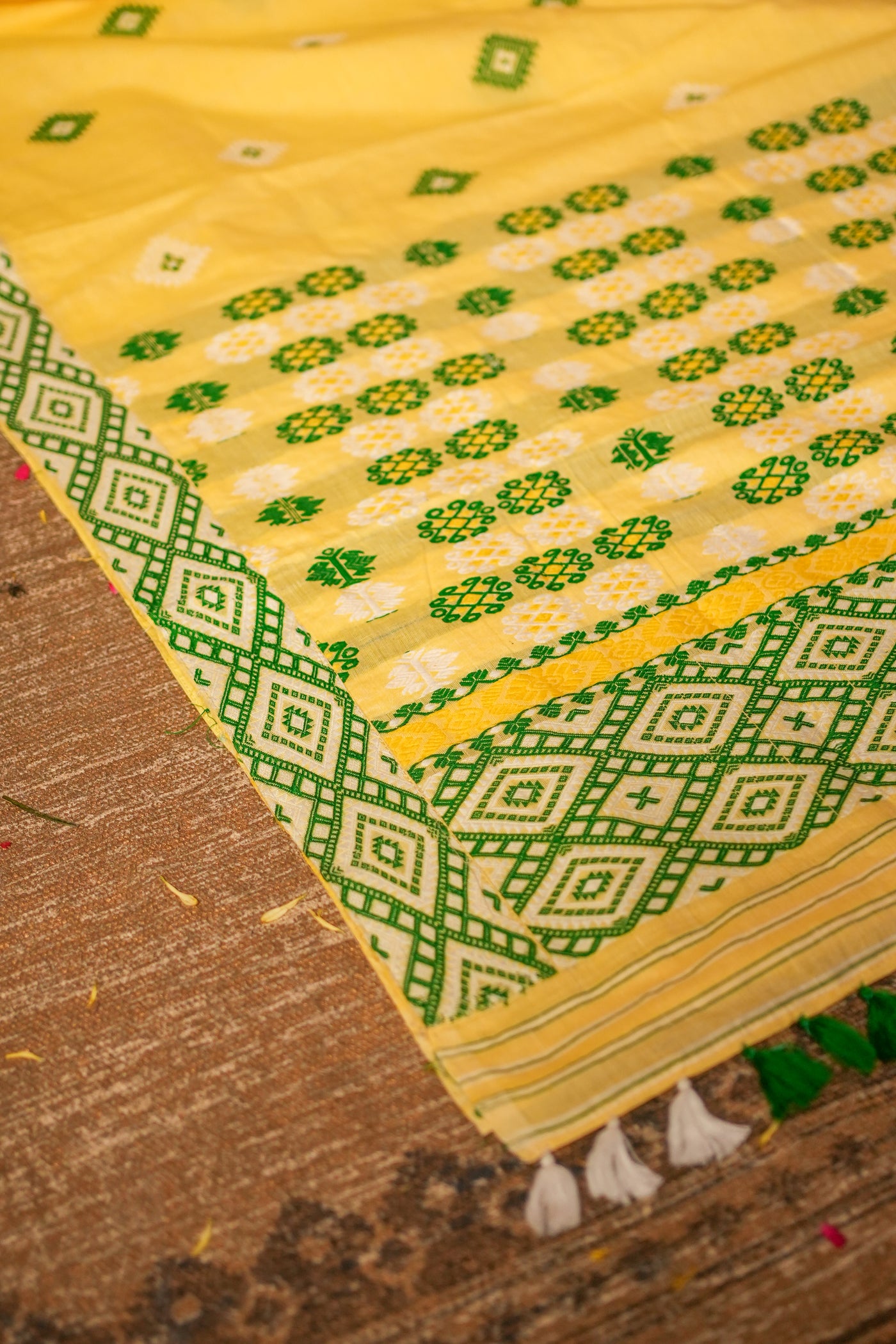 Bright Yellow Assam Cotton Handloom Saree – Mishing Tribe Weave with Traditional Seven Sisters (Saat Bhoni) Design