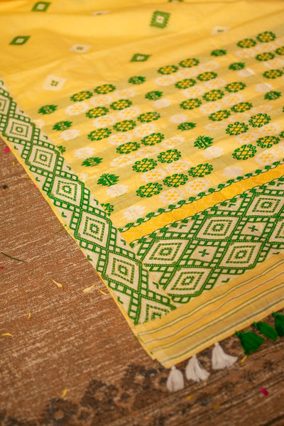 Bright Yellow Assam Cotton Handloom Saree – Mishing Tribe Weave with Traditional Seven Sisters (Saat Bhoni) Design