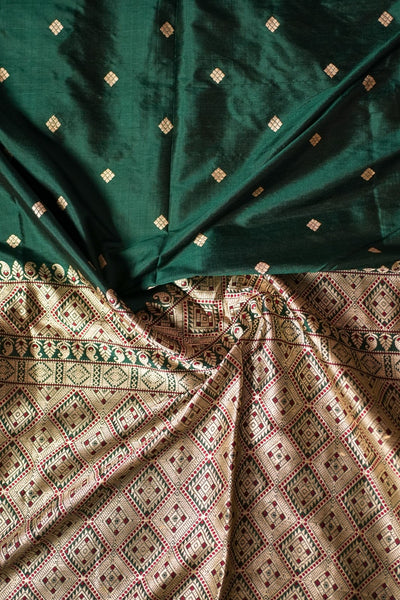 Emerald Green Assam Silk Saree – Handwoven Pure Mulberry Silk