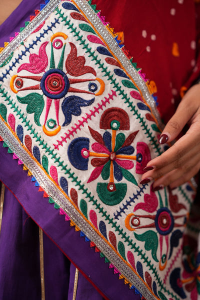 Purple Lehenga with Red Bandhej Dupatta & Embroidered Blouse