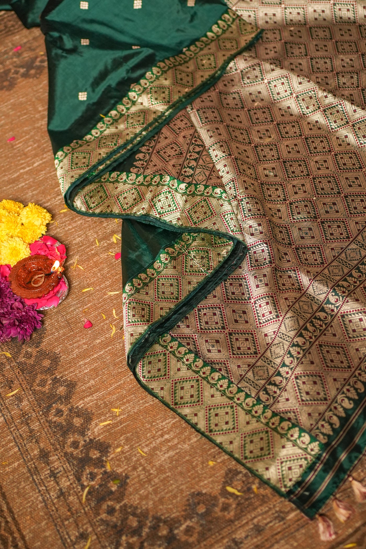 Emerald Green Assam Silk Saree – Handwoven Pure Mulberry Silk