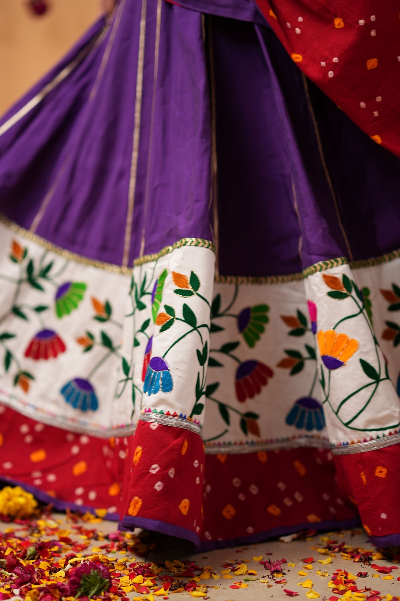 Purple Lehenga with Red Bandhej Dupatta & Embroidered Blouse